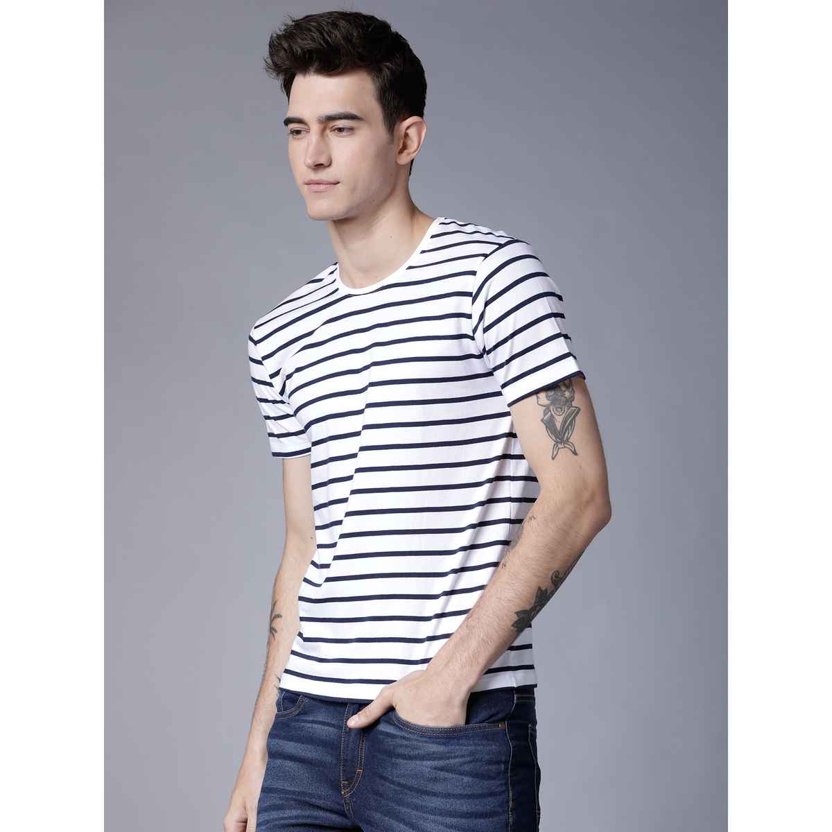 Highlander by Rohit Sharma Men's Slim Fit Cotton T-shirt - Peacoat Navy and White | XL