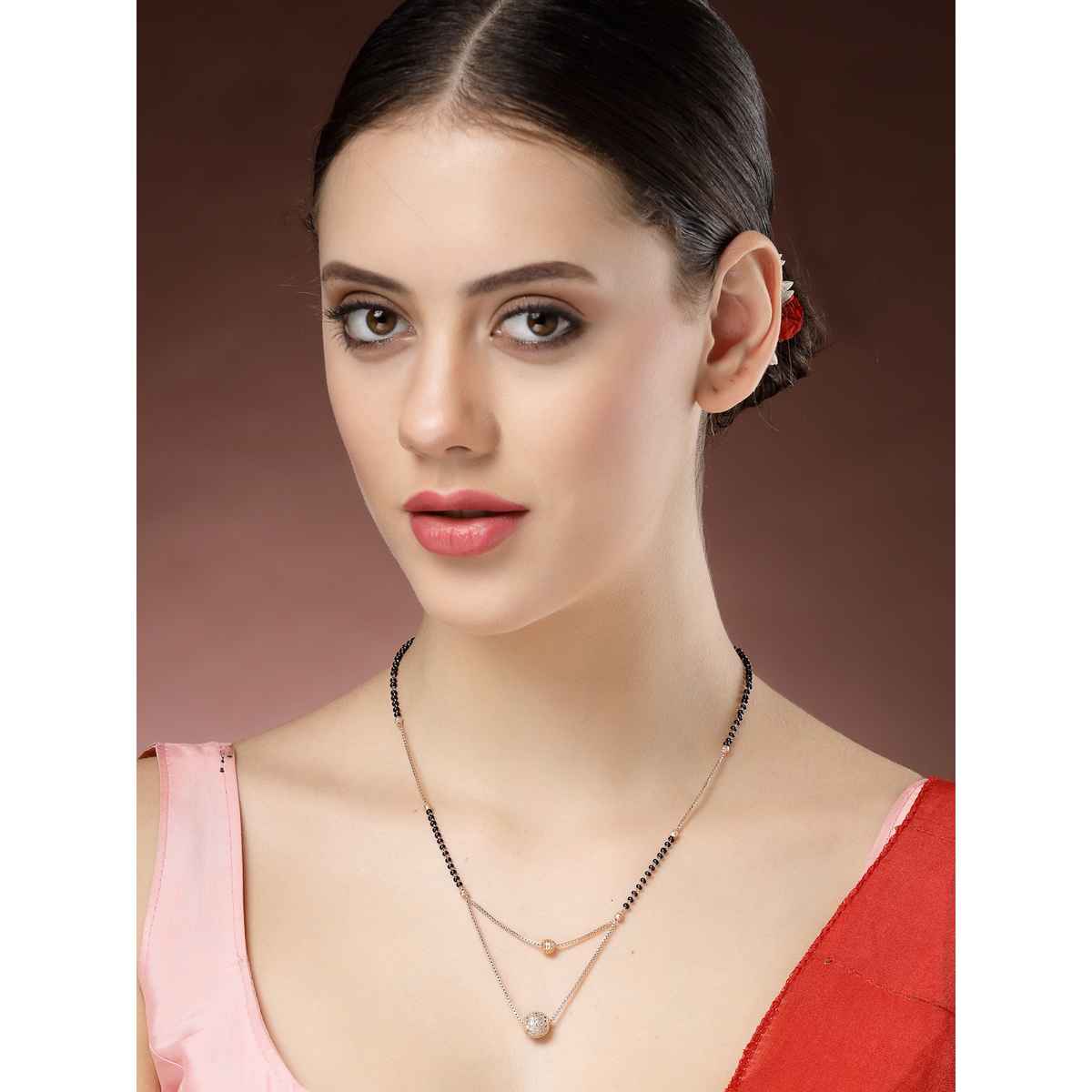 NVR Women's Rose Gold Cz Stone-studded & Beaded Layered Mangalsutra | NVR2721