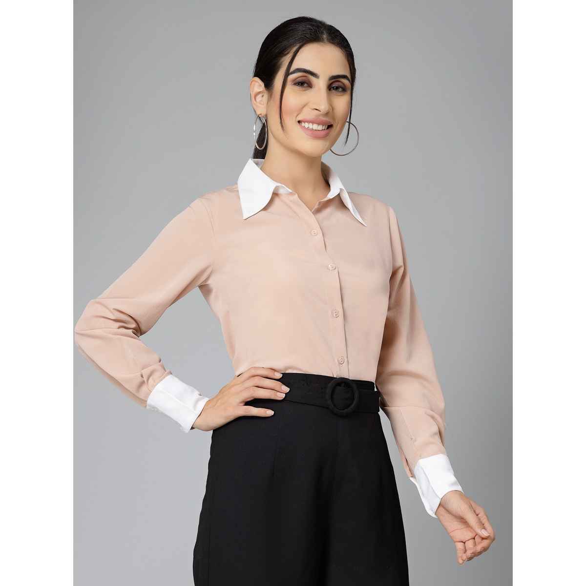 Style Quotients Women Nude Pink and White Polyester Casual Shirt | S | SS23SQDIVYA - Nude White
