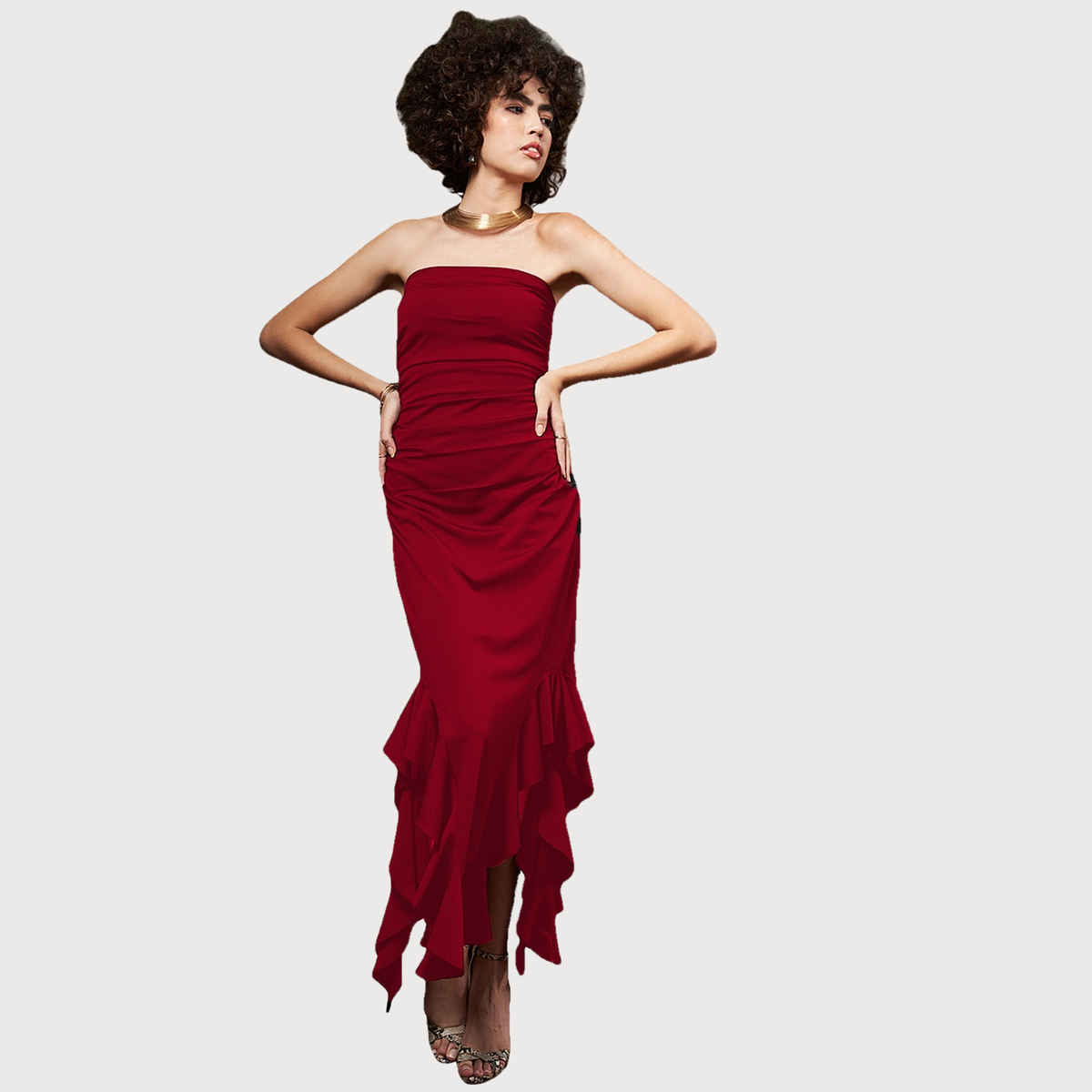Athena Women's Ruffled Strapless Asymmetric Hem Maxi Dress | Red - S