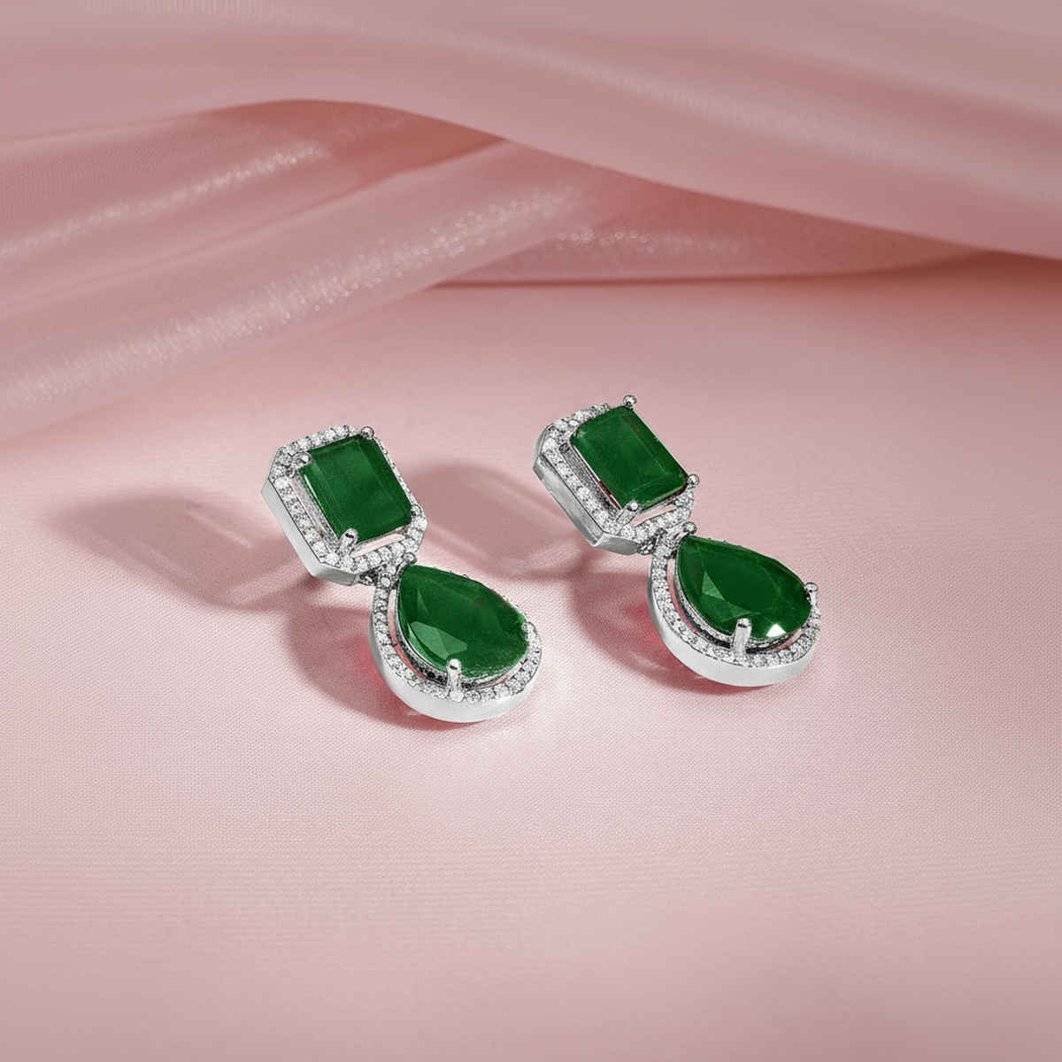 Rubans Rhodium-Plated Emerald Green and Cubic Zirconia Studded Premium Drop Earrings