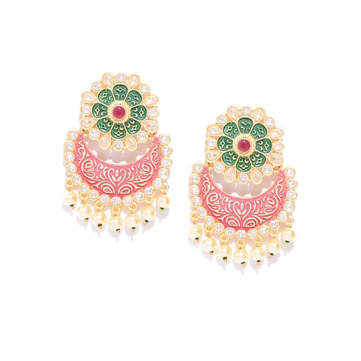 Priyaasi Gold-Plated Stones Studded Floral Patterned Drop Earrings | Red And Green Color
