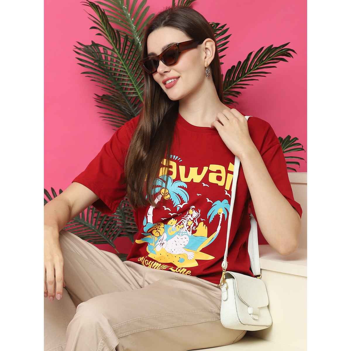 Fabflee Women Oversize Cotton Printed Round Neck Tshirt | Red | FAB-OS-528 | S