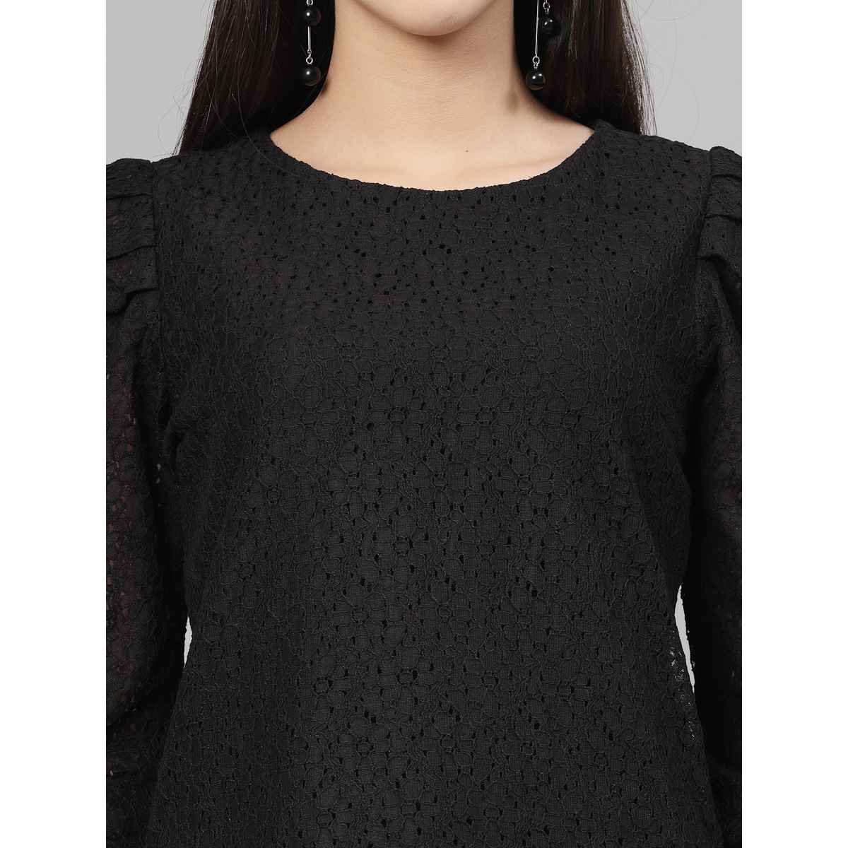 Style Quotient Women Black Self Design Floral Lace Regular Casual Top | XL | AW23SQARNI - Black