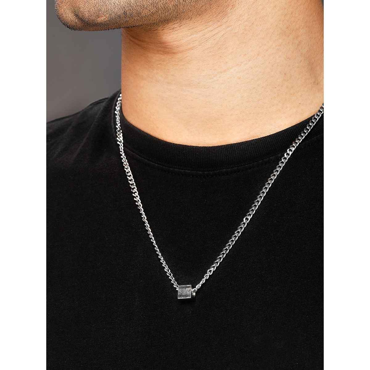 Rubans Men Silver-Toned Silver-Plated Chain With Cube Pendant