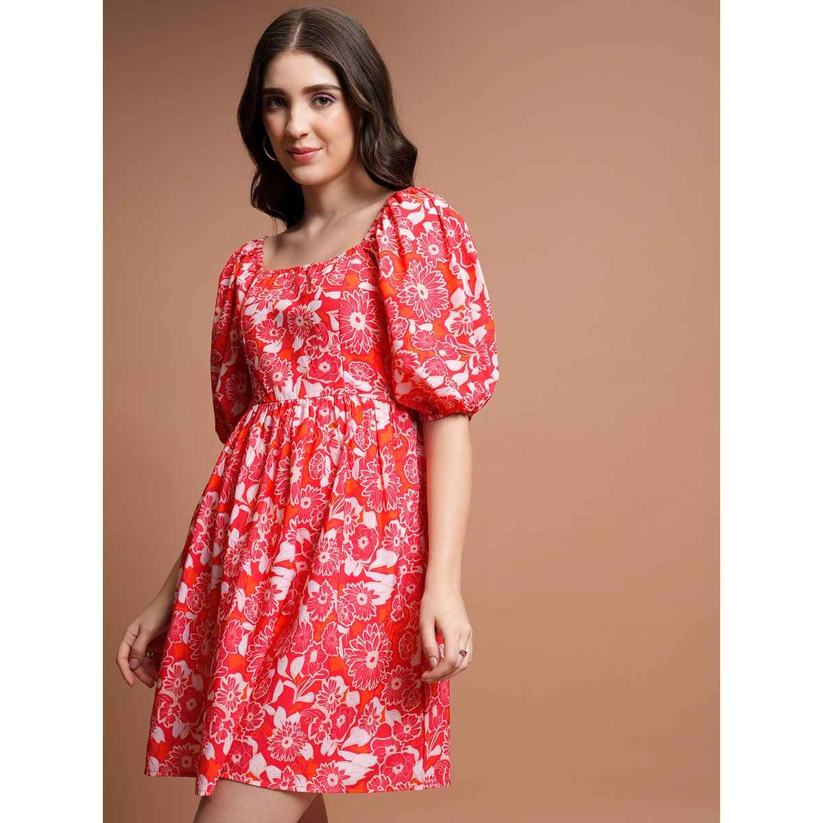 Tokyo Talkies Women's Floral Printed Puff Sleeves Gathered Fit & Flare Mini Dress | Red & White - XL