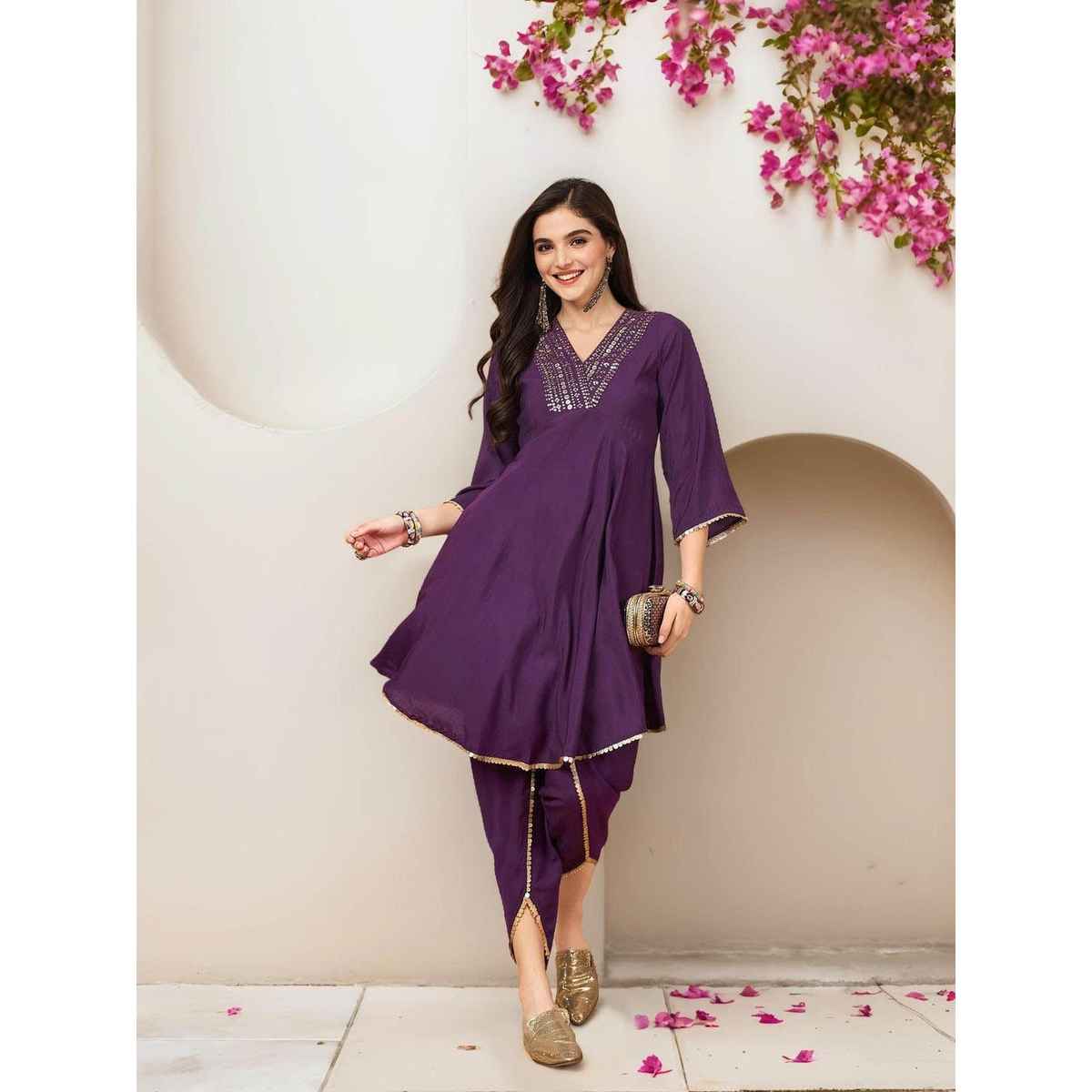Ishin Women's Kurta Set Cotton 2 Pcs | Lilac - XL