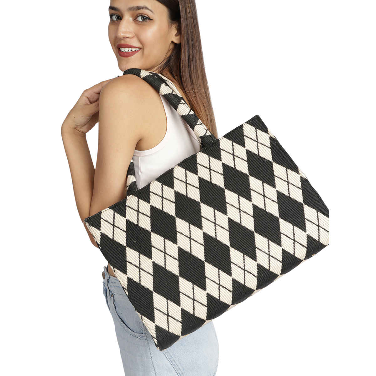 Mini Wesst Women's Synthetic Leather 13 L Double Handle Tote Bag | Black and Cream - Standard