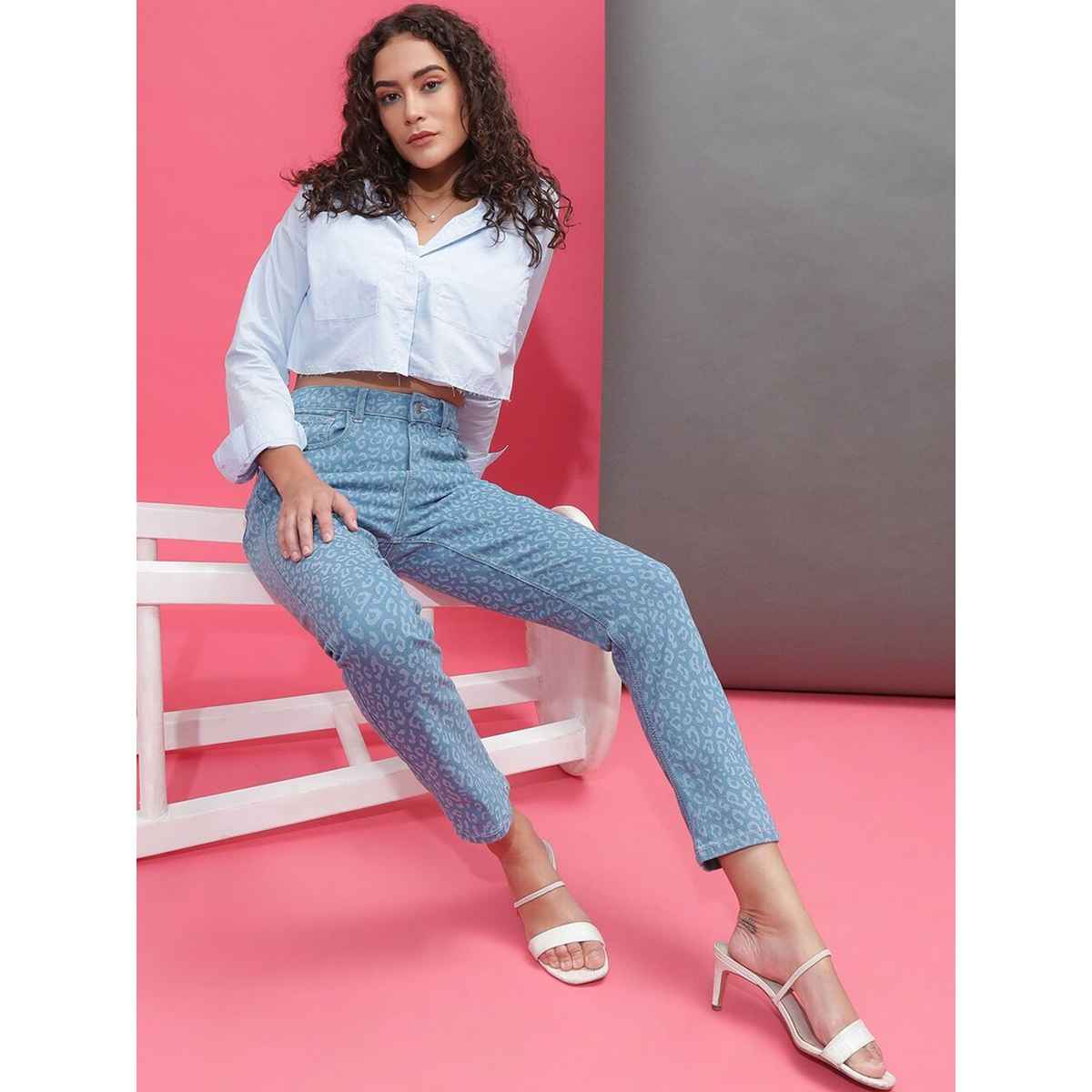 Freehand Women's Laser Leopard Pattern Straight Fit Denim Jeans | Blue - 30