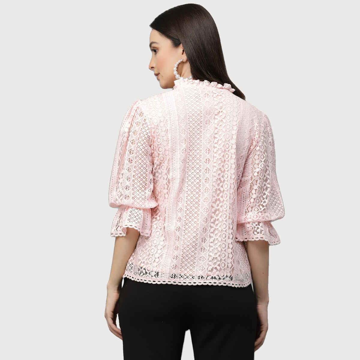 Style Quotient Women Peach Self Design Lace Regular Smart Casual Top | XL | SS23SQSIKKIM - Peach