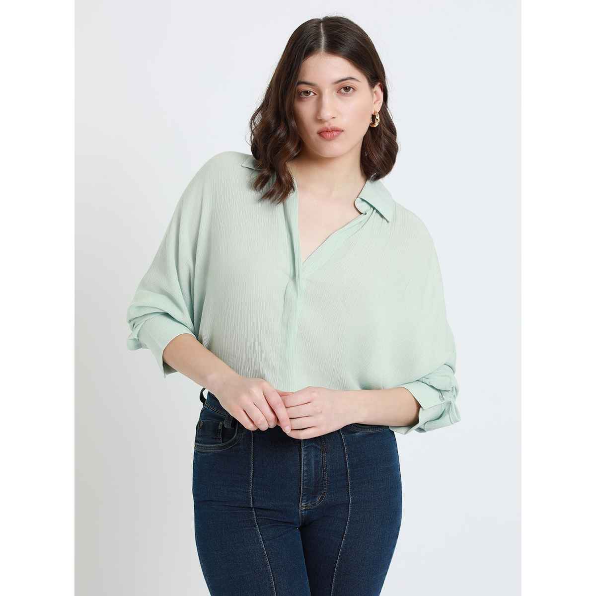 DL Women's Oversized Crepe Casual Shirt | DLWSHW23011 | Mint Green - XL