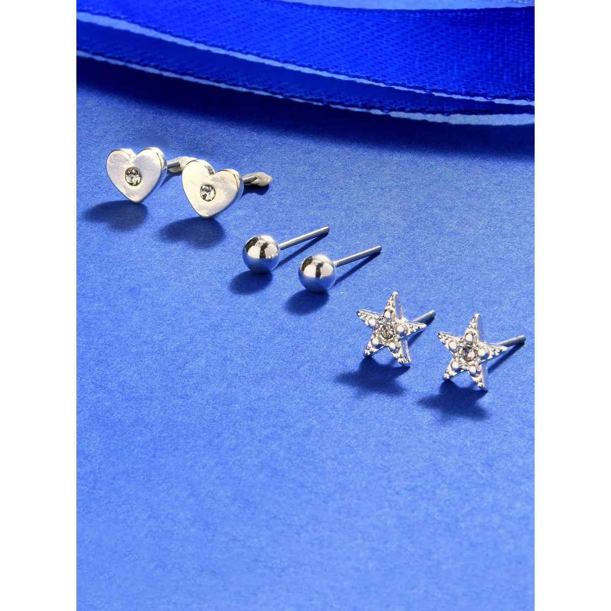 Accessorize London Women's Silver Set Of 3 Heart Stars Stud Earring Pack