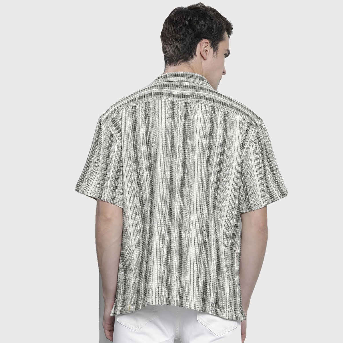 The Indian Garage Co Men's Relaxed Fit Striped Resort Wear Half Sleeve Shirt | Cream - M