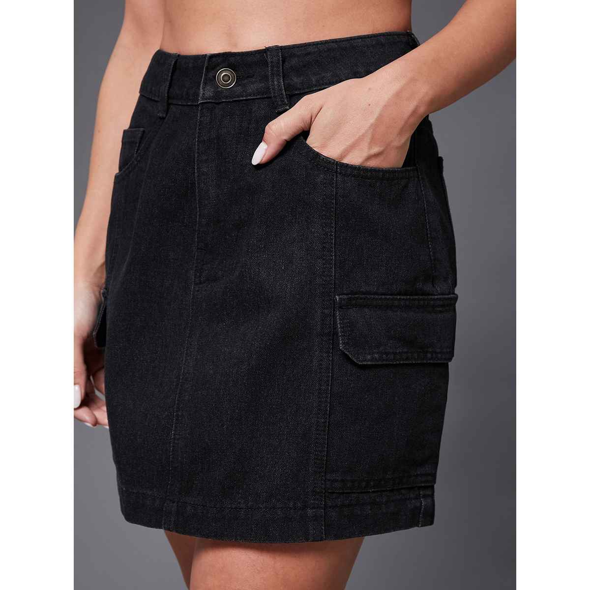 Miss Chase Women Straight High Rise Clean Look Mini Denim Skirt | Black | 28