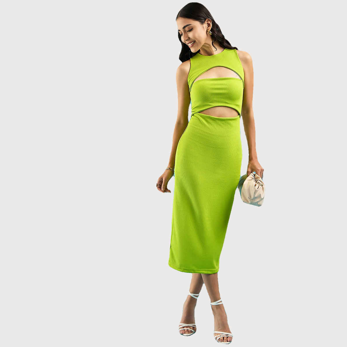 Uptownie Women's Stretchable Ribbed Bandage Dress | 120018416 | Green - M