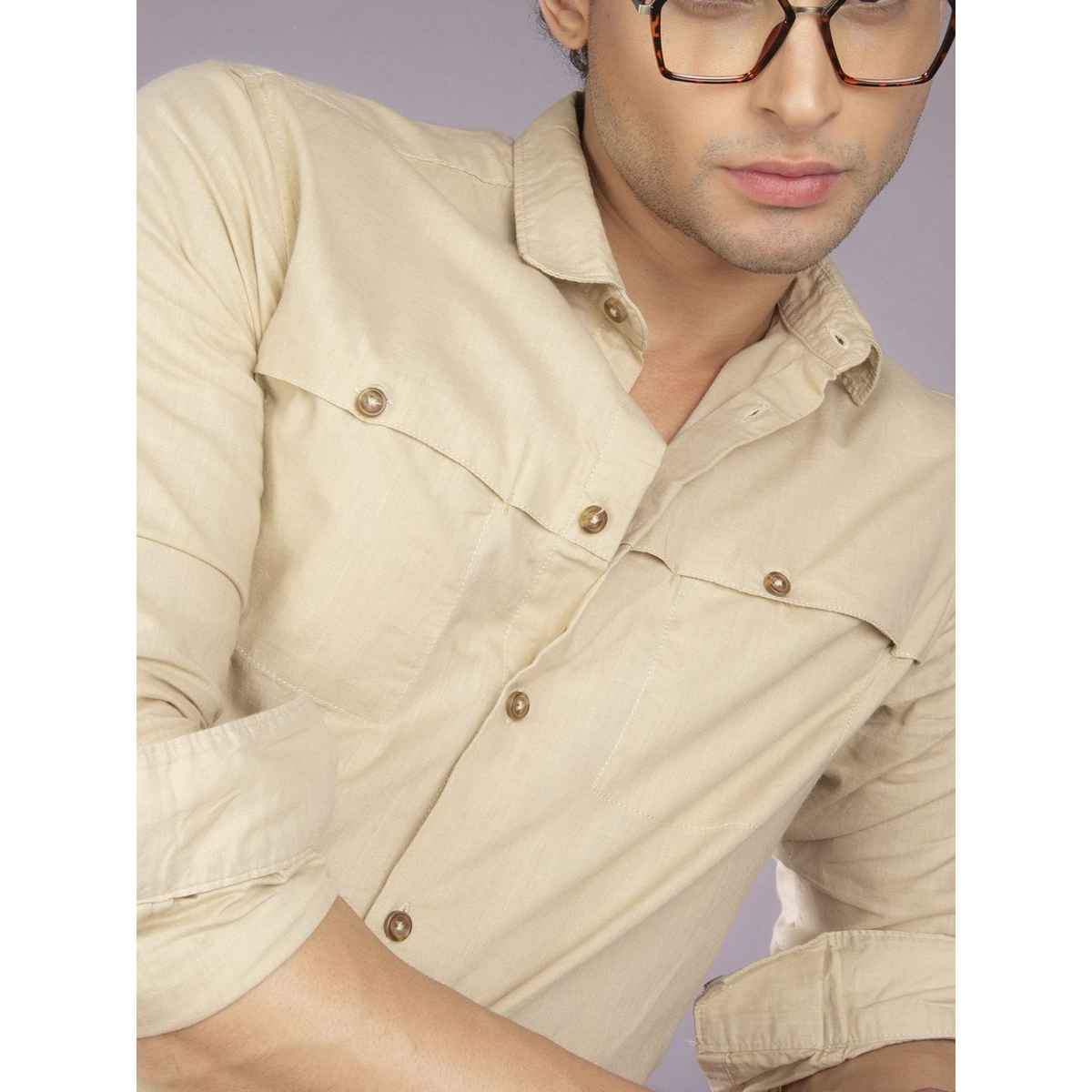 The Indian Garage Co Men's Slim Fit Solid Casual Shirt | Beige - L
