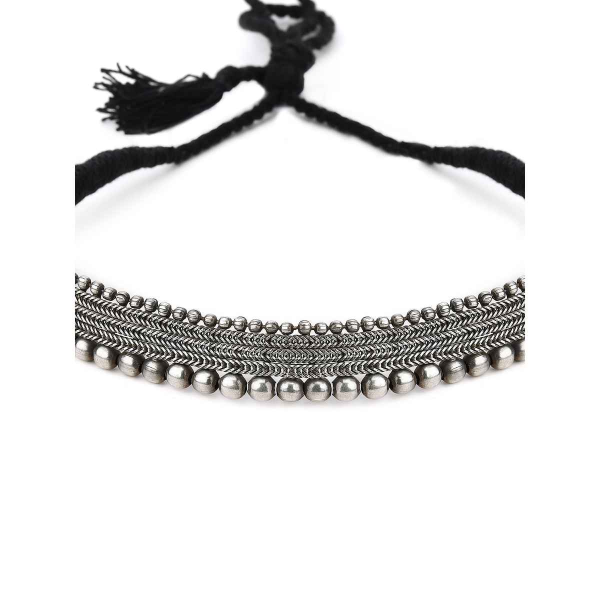 Rubans Oxidised Silver-Plated Beaded Design Handcrafted Choker Necklace