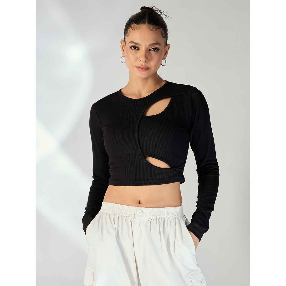 Uptownie Women's Stretchable Ribbed Top with Front Cut Outs | 120018654 | Black | XL