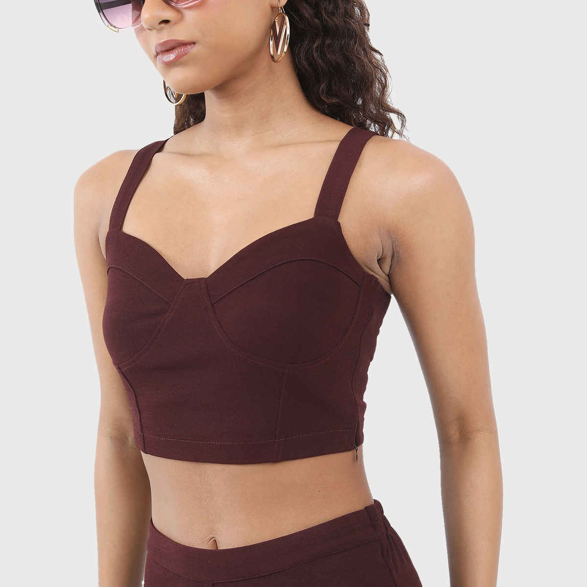 Ketch Women Sweet Heart Neck Crop Top Trousers Co-ords | Brown | L
