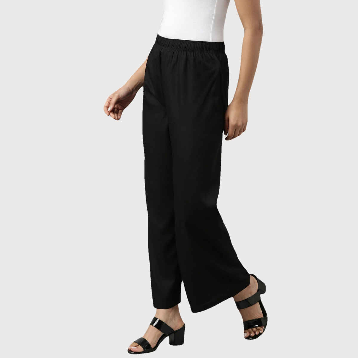 Go Colors Women's Solid Woven Viscose Mid Rise Basic Palazzos | LPZ7 | Black - L