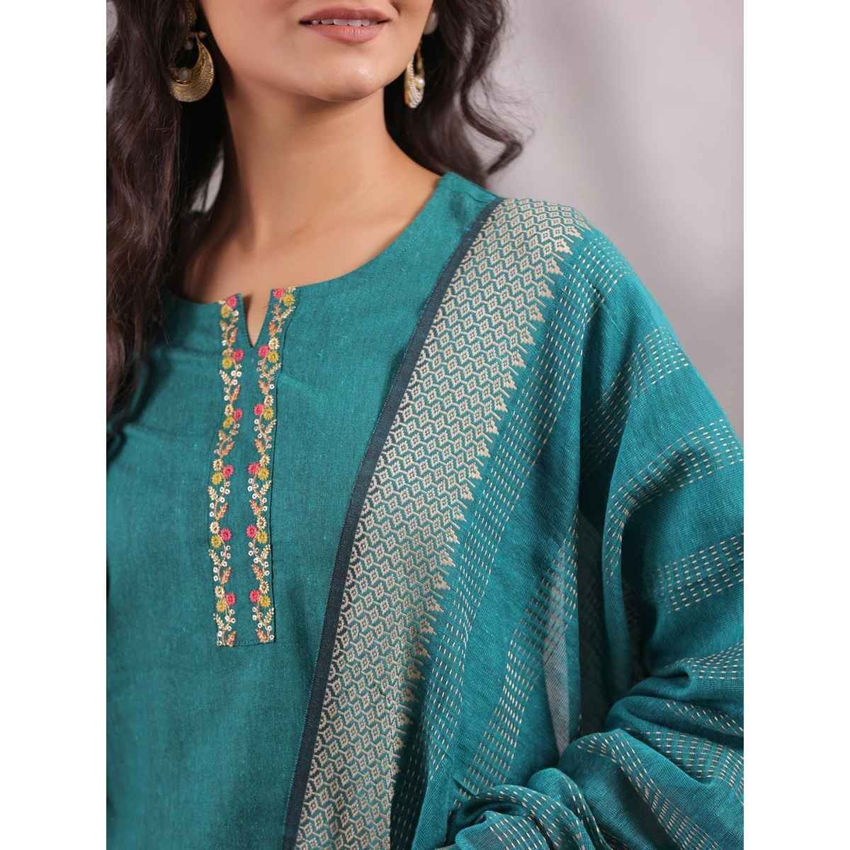 Anubhutee Women's Ethnic Wear Cotton Blend Straight Kurta Set with Dupatta | Green - M