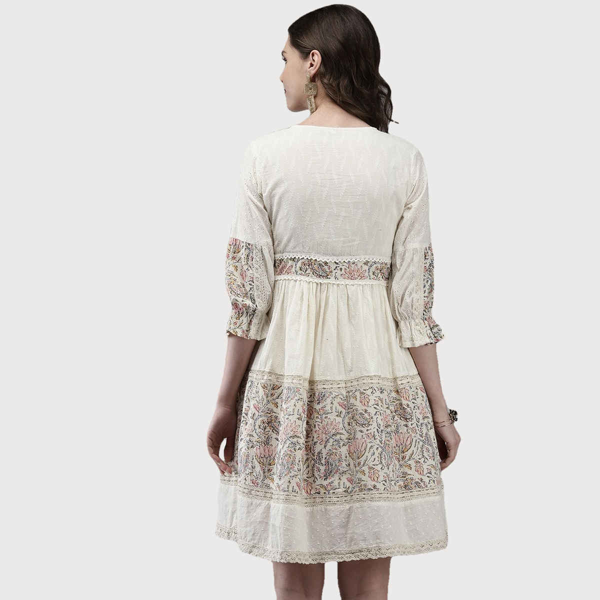 Ishin Women's Off White Floral Embroidered Tie-up Neck a-line Dress - L | Topknm-21027