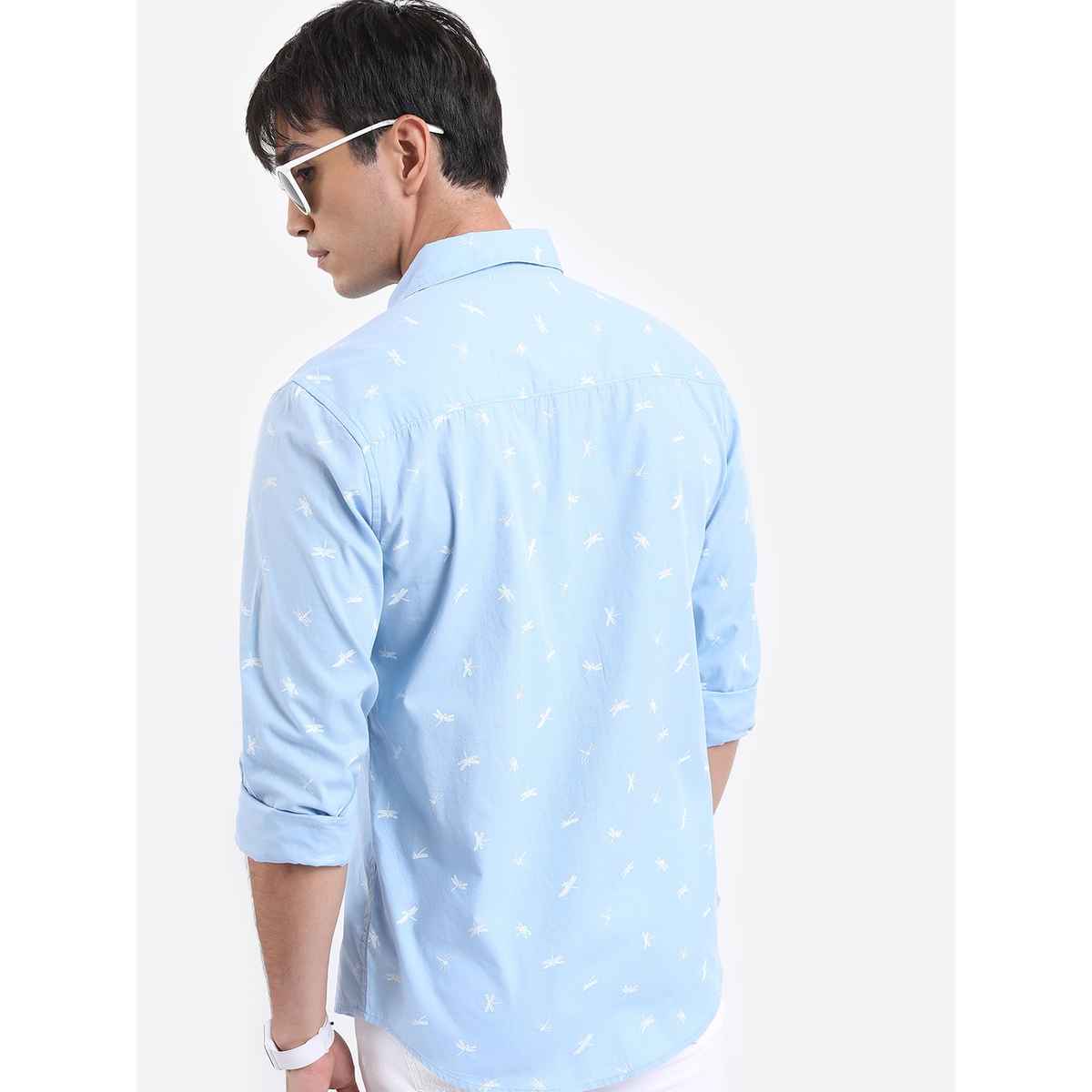 Highlander Men's Conversational Printed Slim Fit Spread Collar Casual Cotton Shirt | Light Blue - S