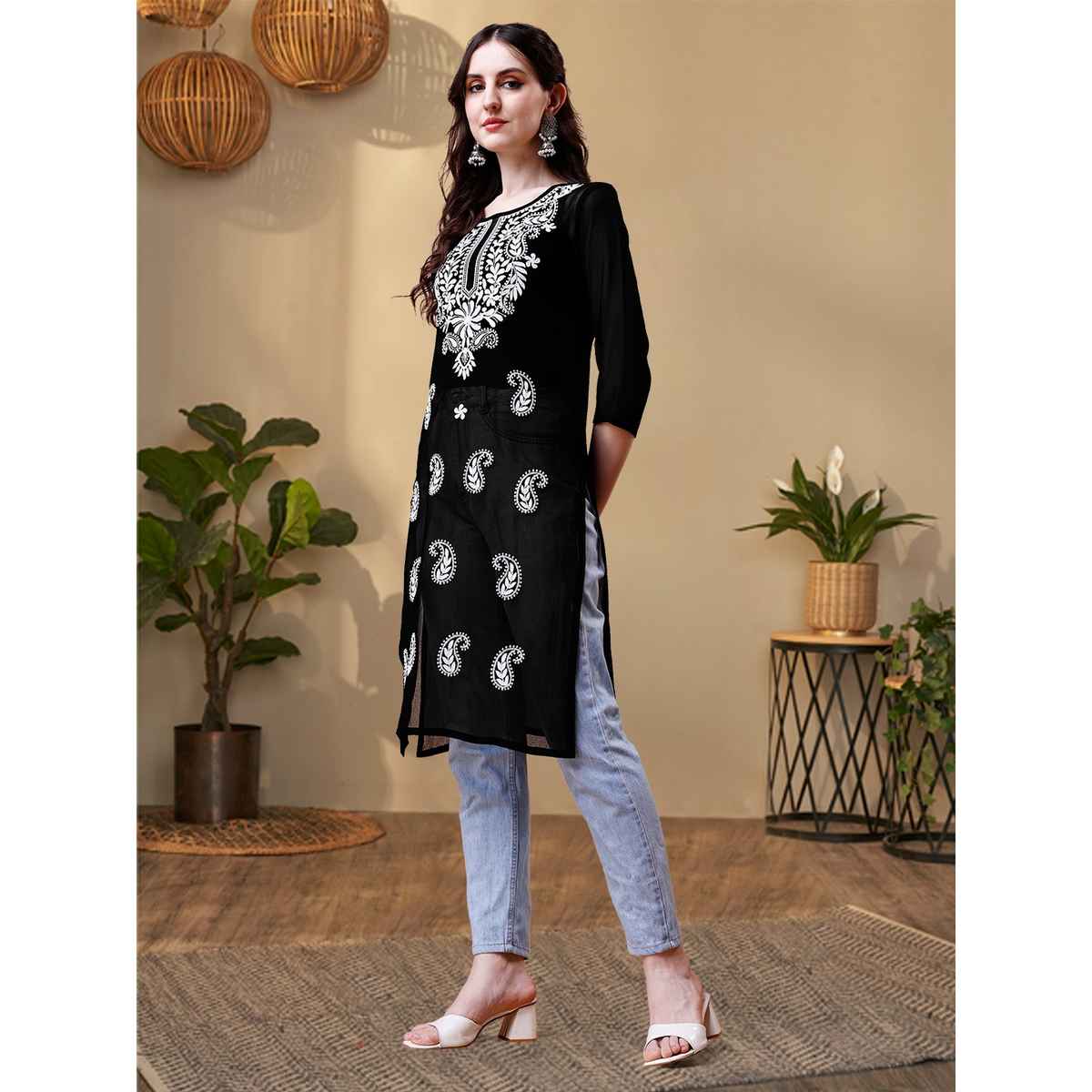 Youthnic Women Chikan Embroidery Short Kurti | B53 - Jini Black | L