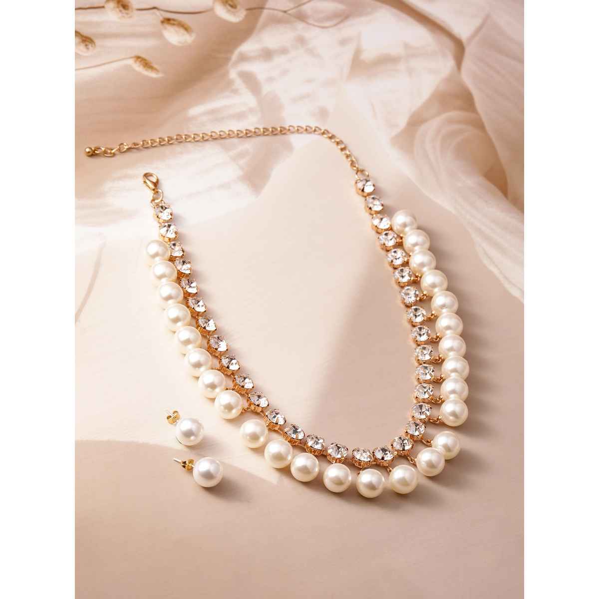 Rubans 18K Gold Plated Luxurious Pearls Beaded and Cubic Zirconia Studded Jewellery Set
