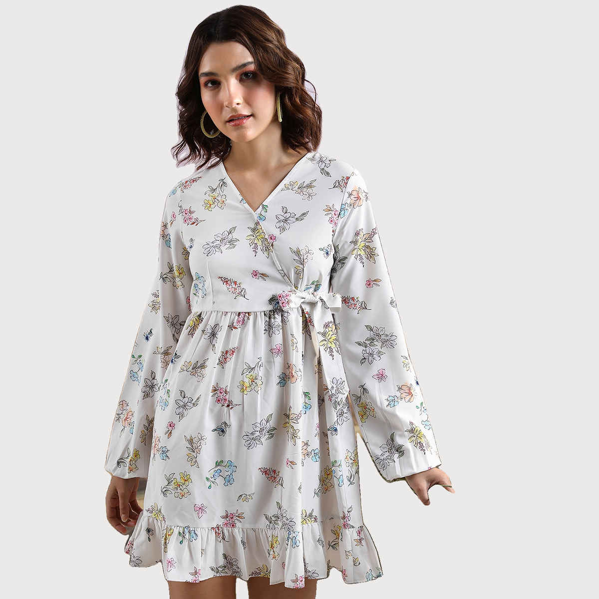 Ketch Women's Floral Printed Cuffed Sleeve Ruffled Wrap Dress | Off White | L