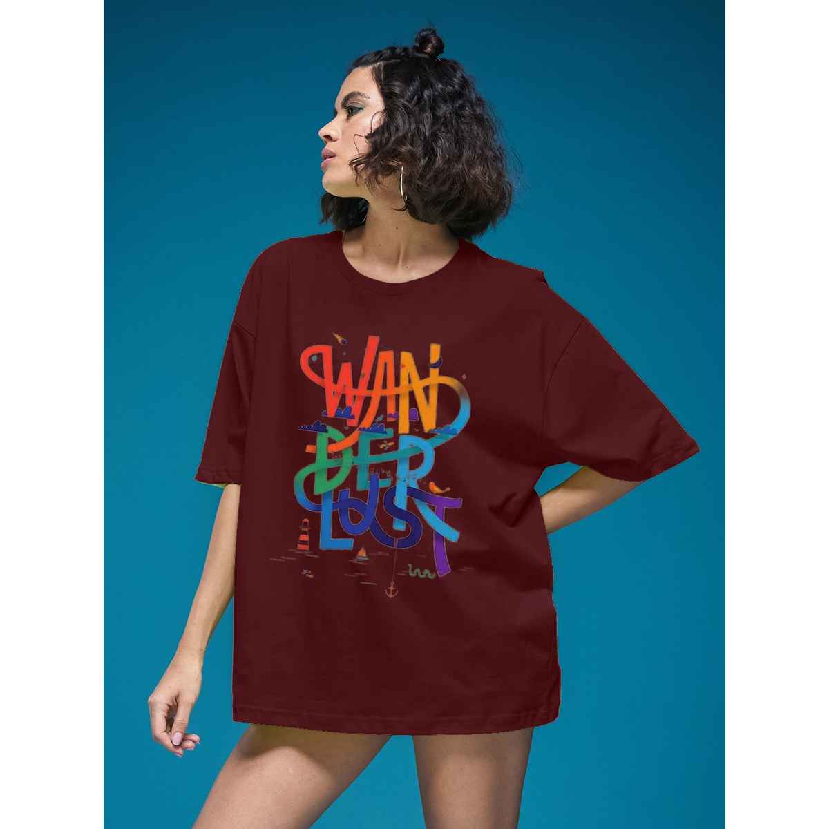 Smartees Women's Oversize Printed T-shirt | WW - 2038 | Maroon - L