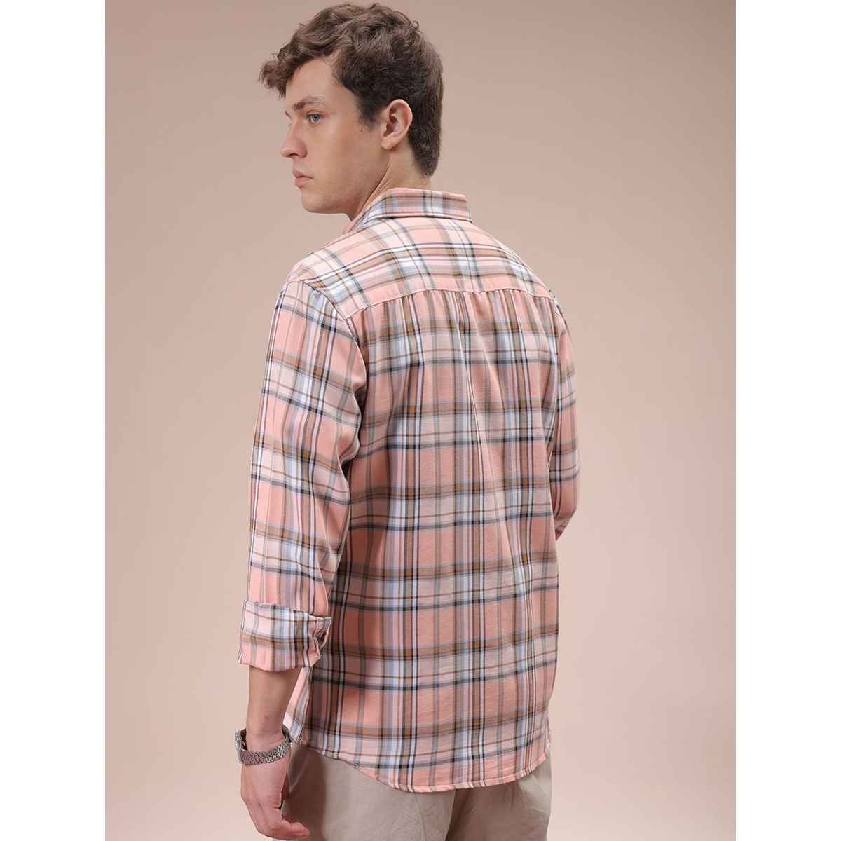 The Indian Garage Co Men's Slim Fit Checkered Casual Shirt | Pink - XL