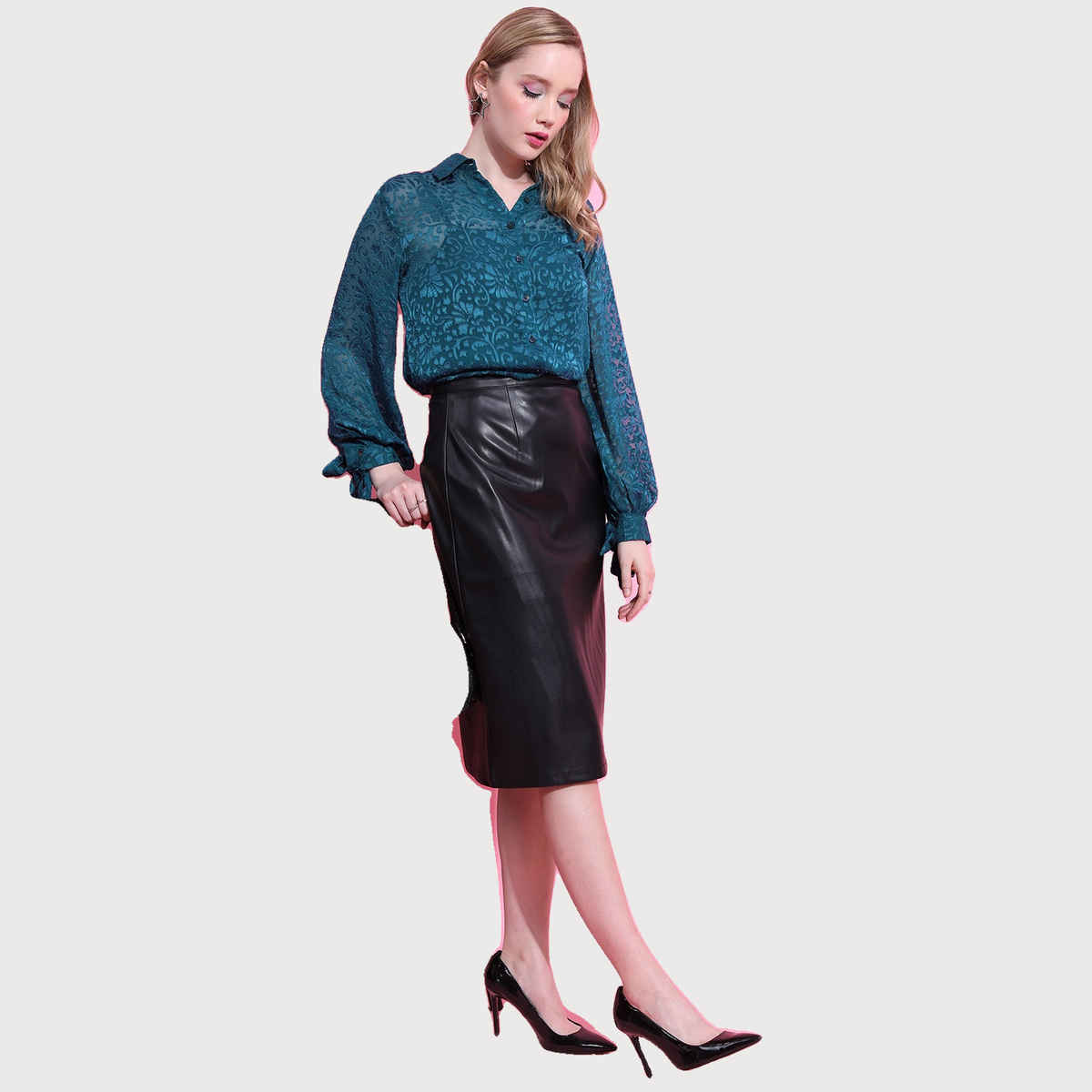 Ketch Women's Self Design Semi Sheer Lace Shirt Style Top | Teal | L