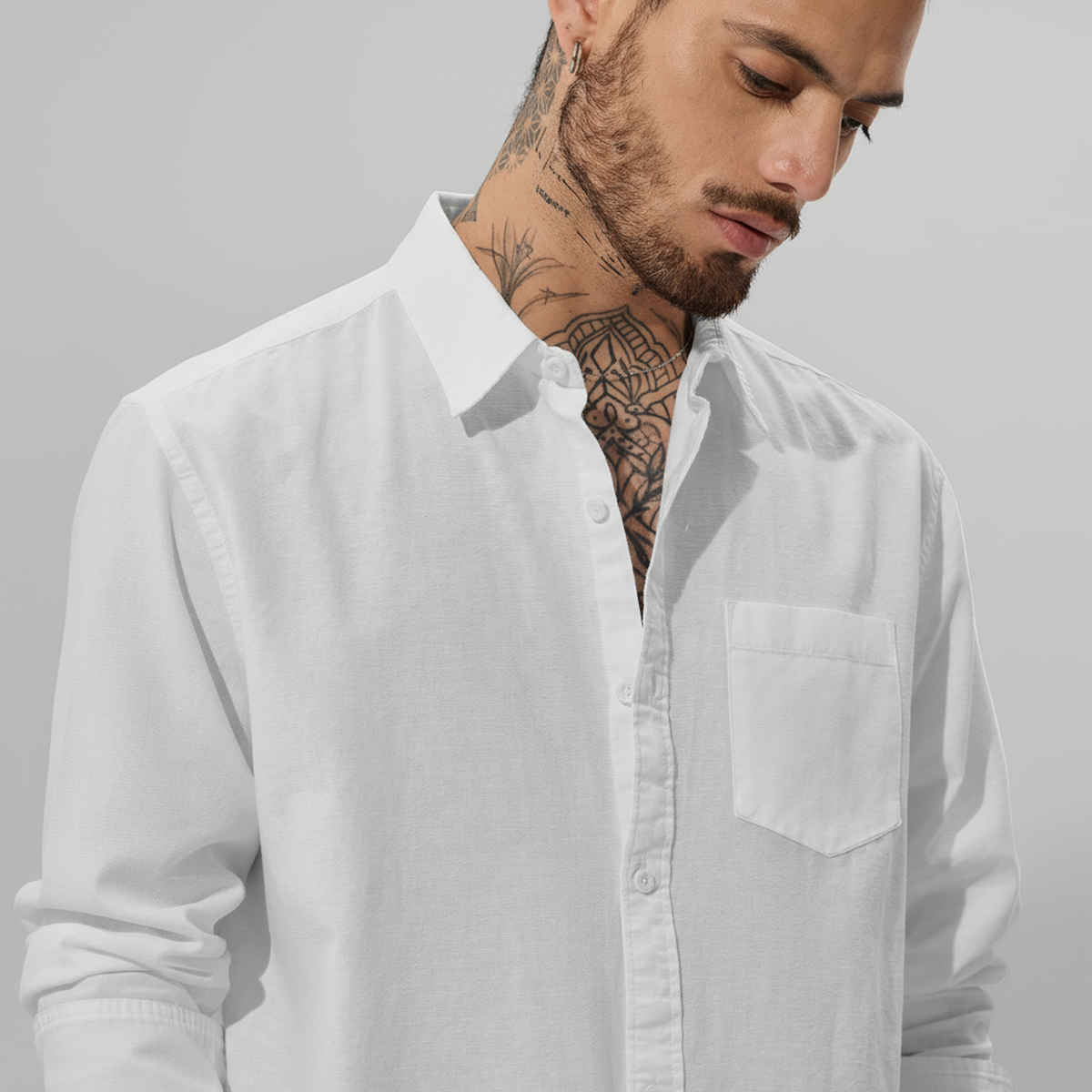 The Souled Store Men's Regular Pearl White Cotton Linen Shirts | White | L