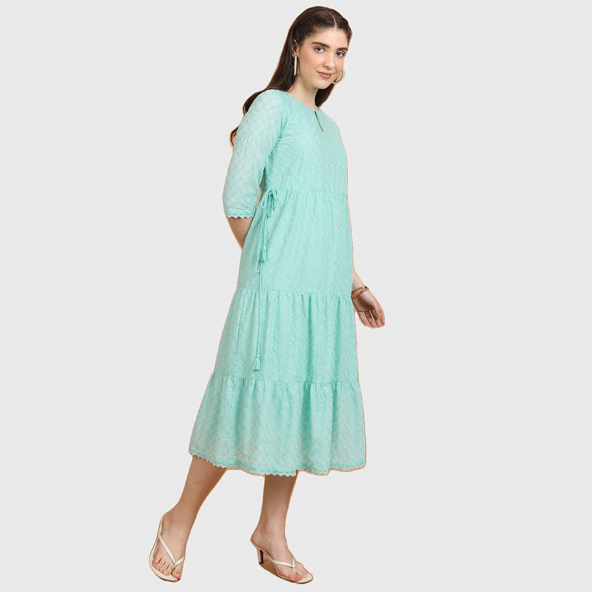 Ketch Women Self Designed Keyhole Neck A-Line Midi Dress | Sea Green | XL