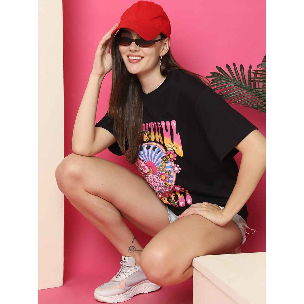 Fabflee Women Oversize Cotton Printed Round Neck Tshirt | Black | FAB-OS-519 | L