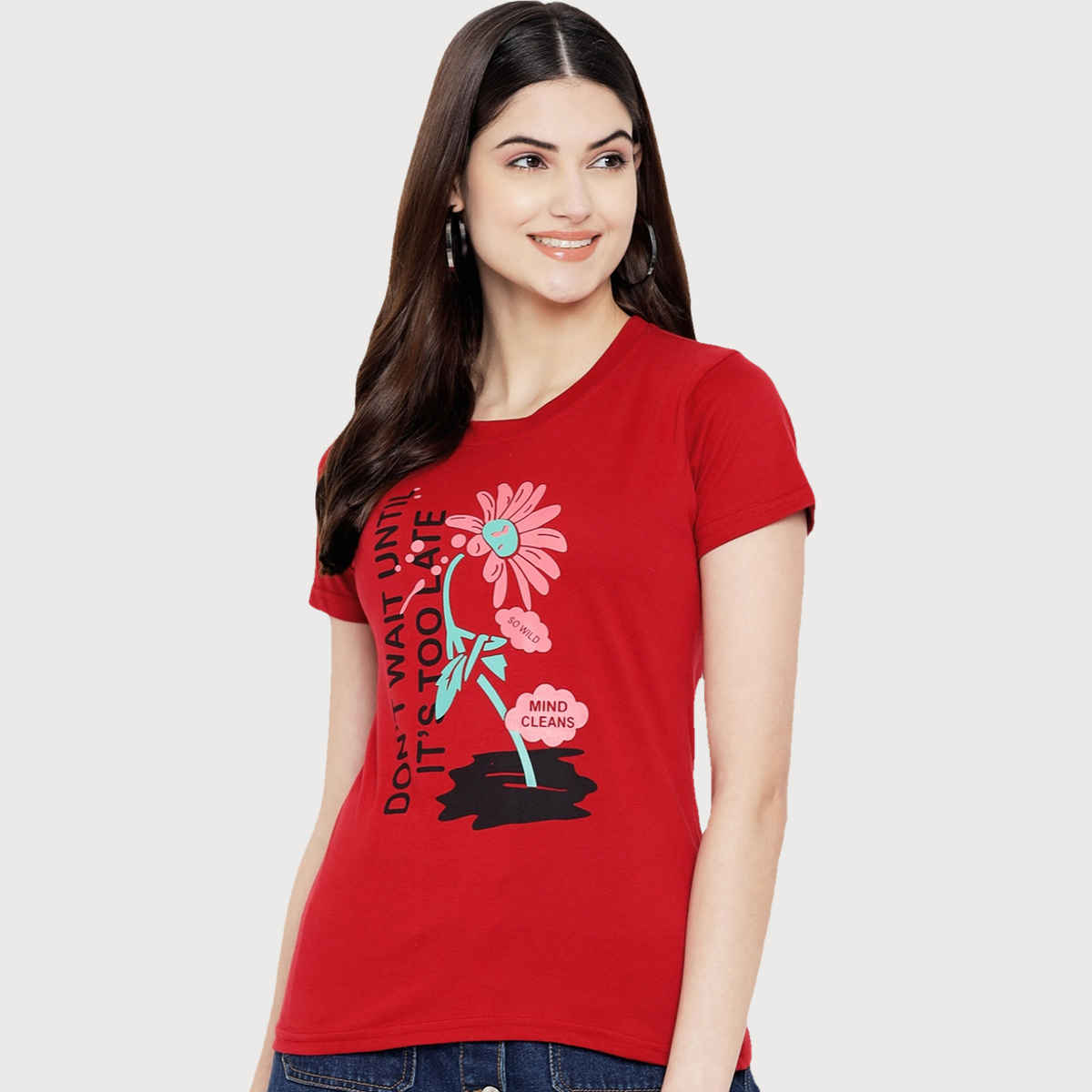 Fabflee Women Regular Cotton Printed Round Neck Tshirt | Maroon | FAB-WT-12 | L