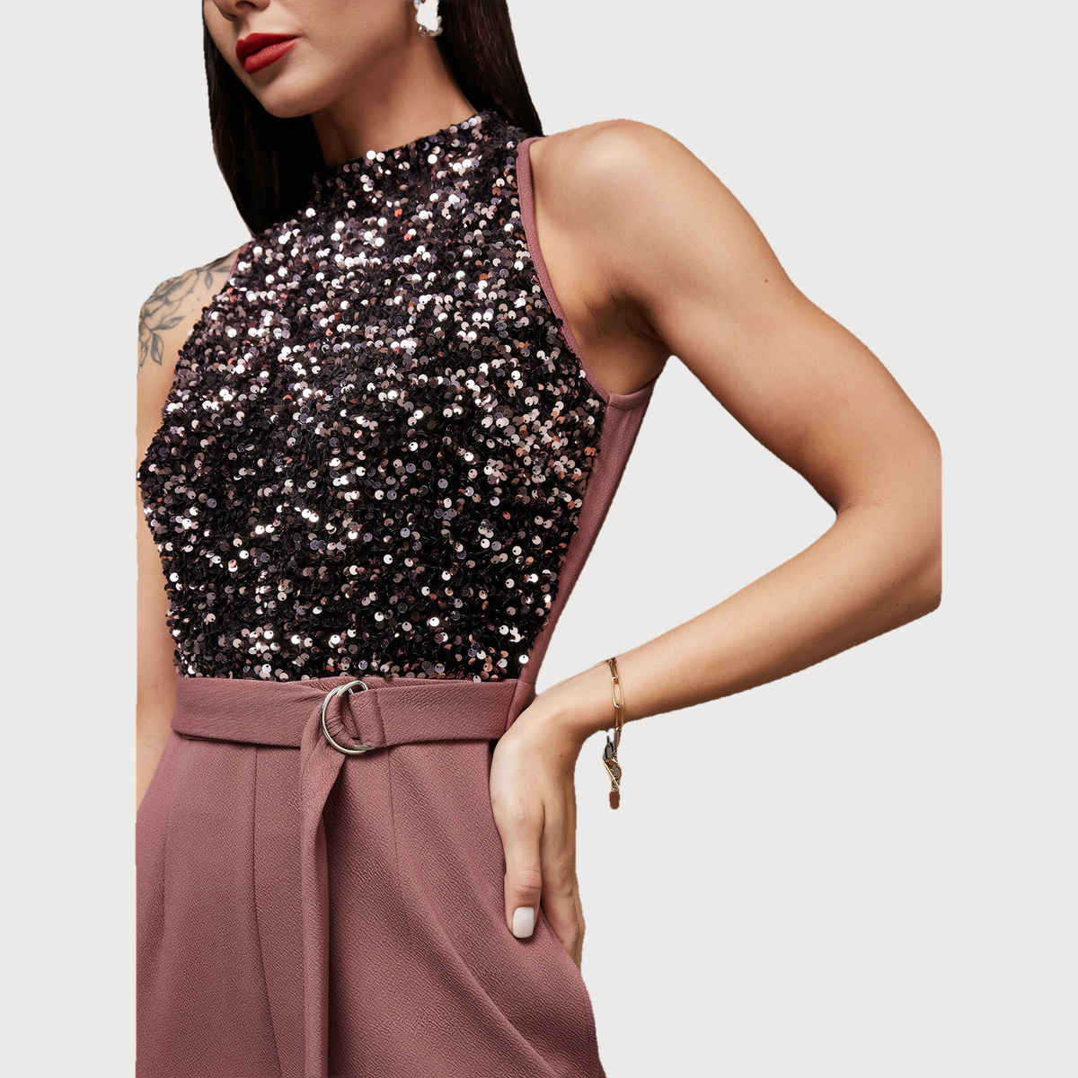 Miss Chase Women Sleeveless Embellished Halter Neck Regular Jumpsuit | Mauve | XL