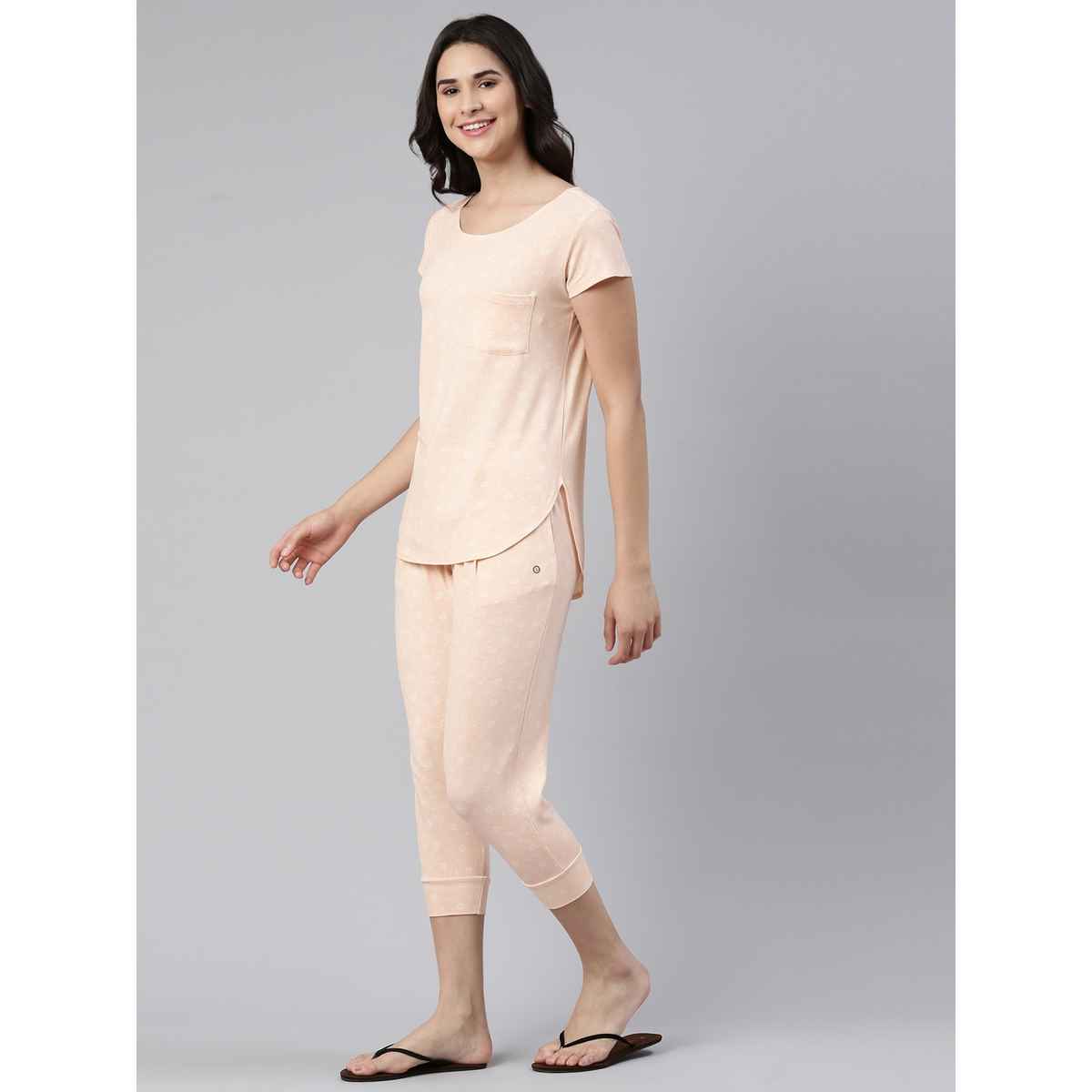 Enamor Essentials EC16 Women s Aop-Soft & Drapey All Over Printed Lounge Capri Set | Pink | 2XL