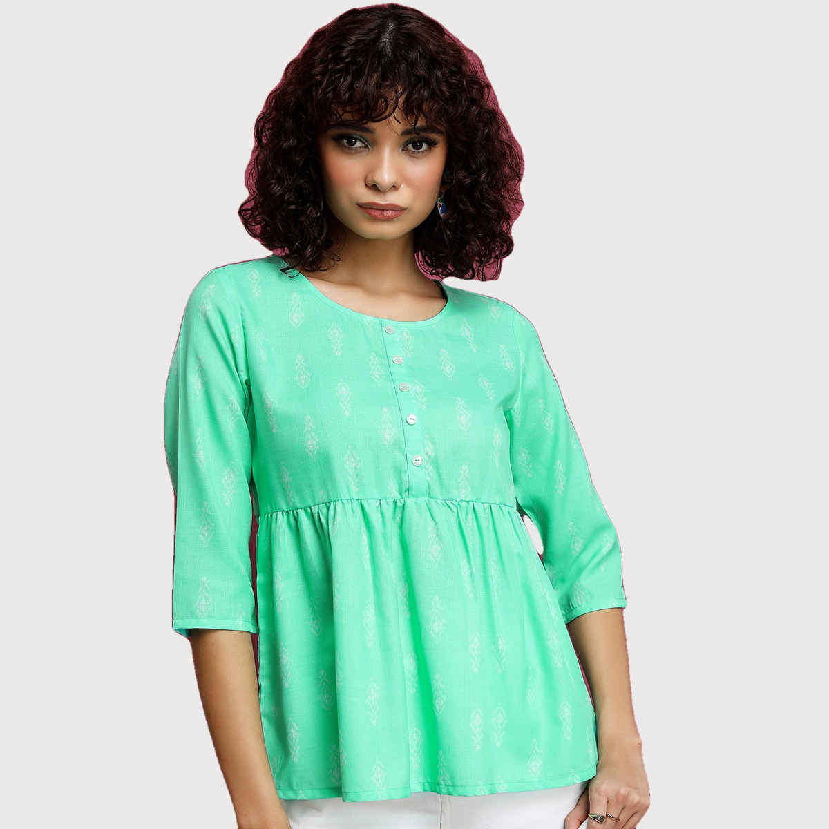 Ketch Women Geometric Printed A - Line Top - Sea Green - L