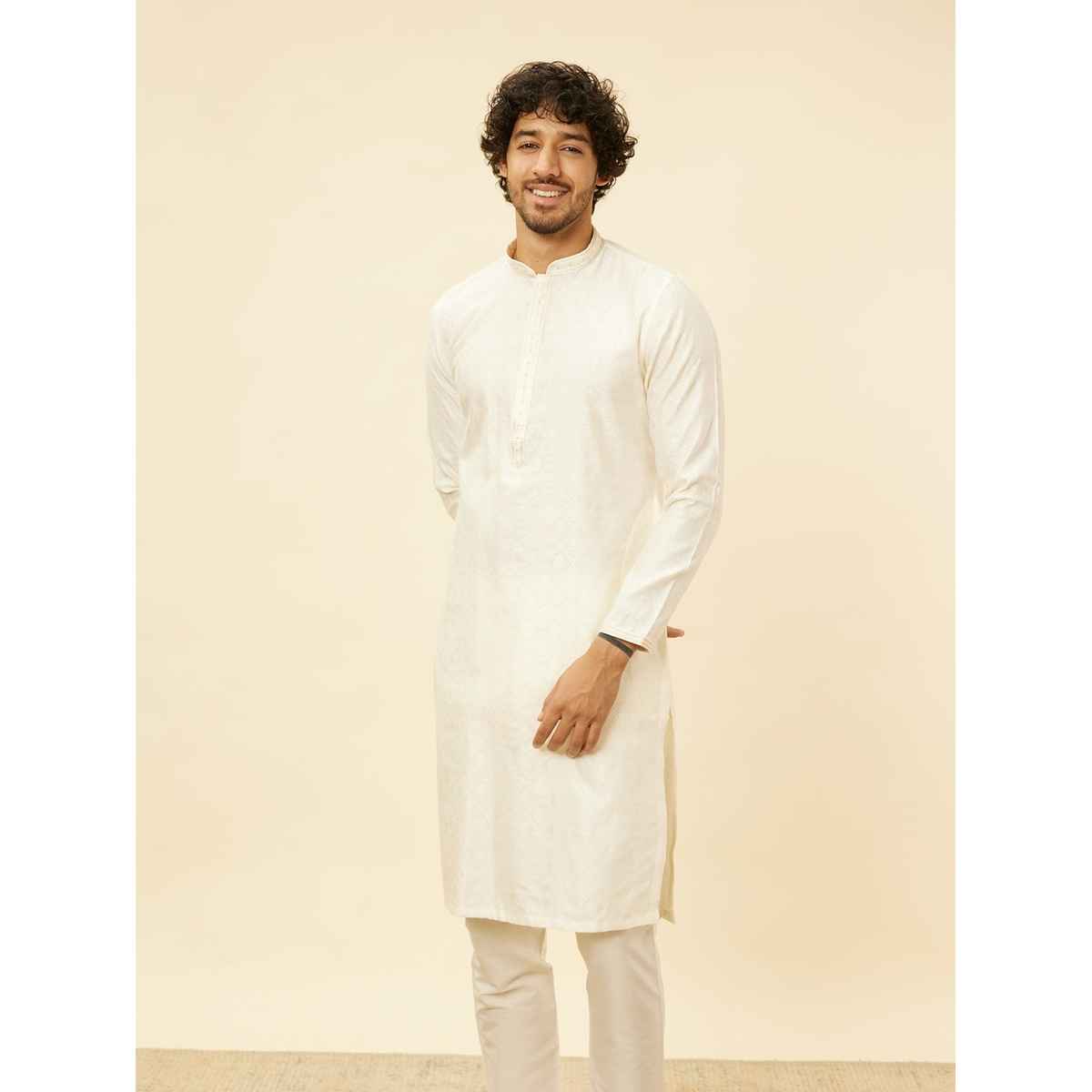 Manyavar Cream Blended Viscose Self Design Kurta Set | XXL