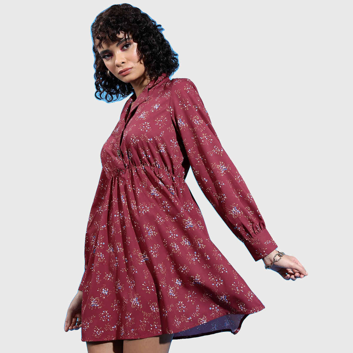 Ketch Women's Floral Printed Shirt Collar Fit & Flare Dress | Maroon | L