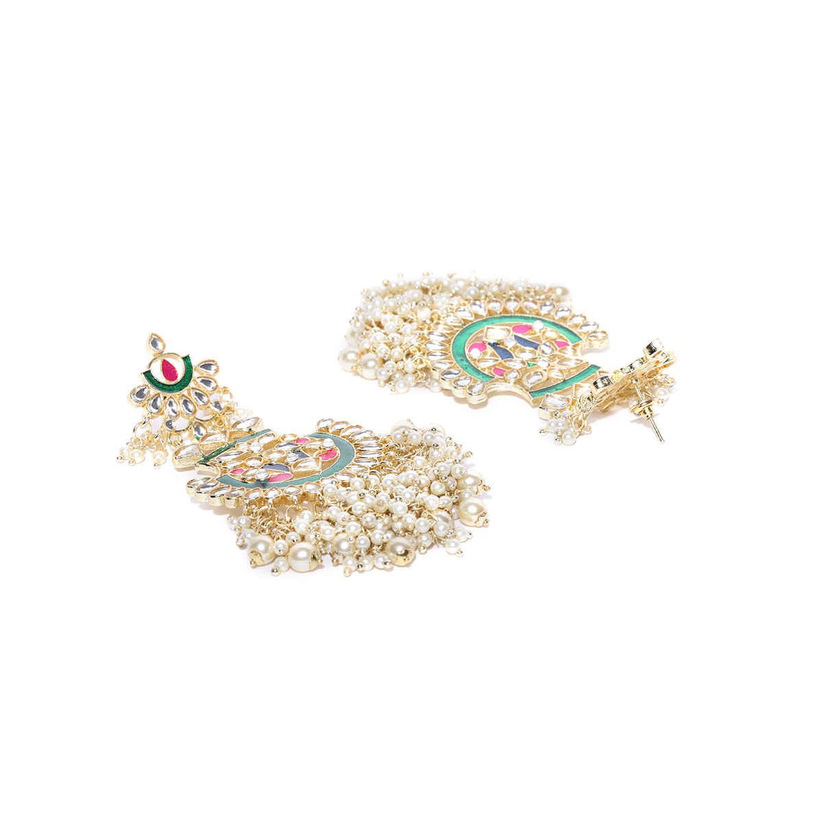 Priyaasi Gold-Plated Pachi Kundan Studded Meenakari, Heavy Drop Earrings In Green And Pink Color