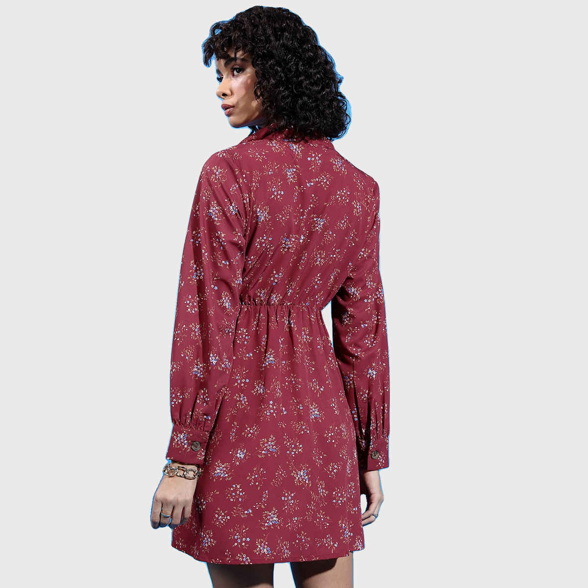 Ketch Women's Floral Printed Shirt Collar Fit & Flare Dress | Maroon | L