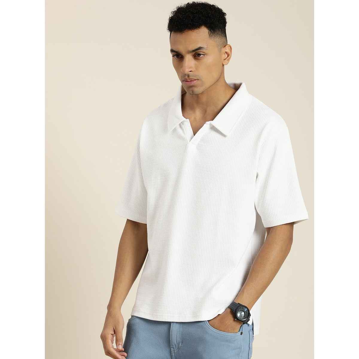 Dillinger Men's Waffle Structure Self Design Oversized Polo Collar T-shirt | White - M