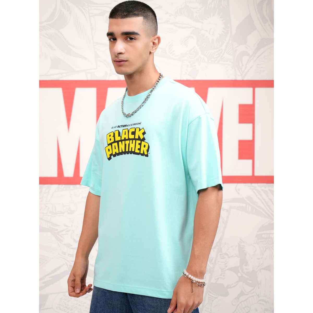 HIGHLANDER Men's Marvel Panther Round Neck Oversized Drop Shoulder Tshirt | Aqua - M