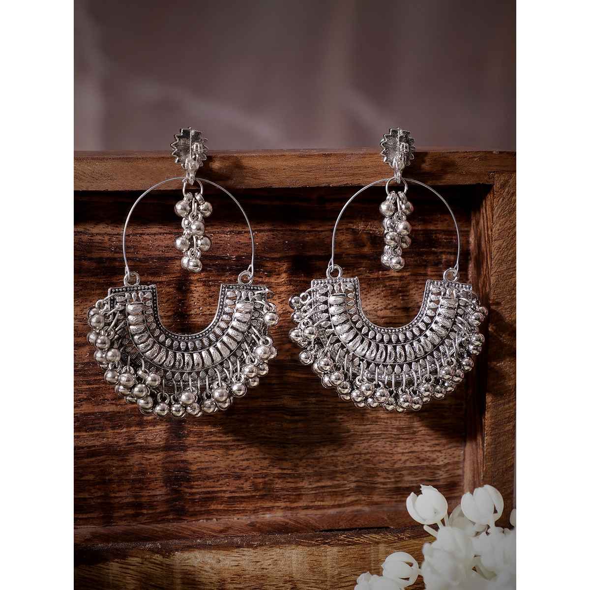 Rubans Oxidised Silver-Plated Ghungroo Beaded Crescent Shaped Traditional Chandbali Earrings