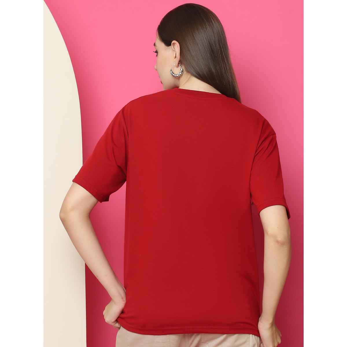 Fabflee Women Oversize Cotton Printed Round Neck Tshirt | Red | FAB-OS-528 | L