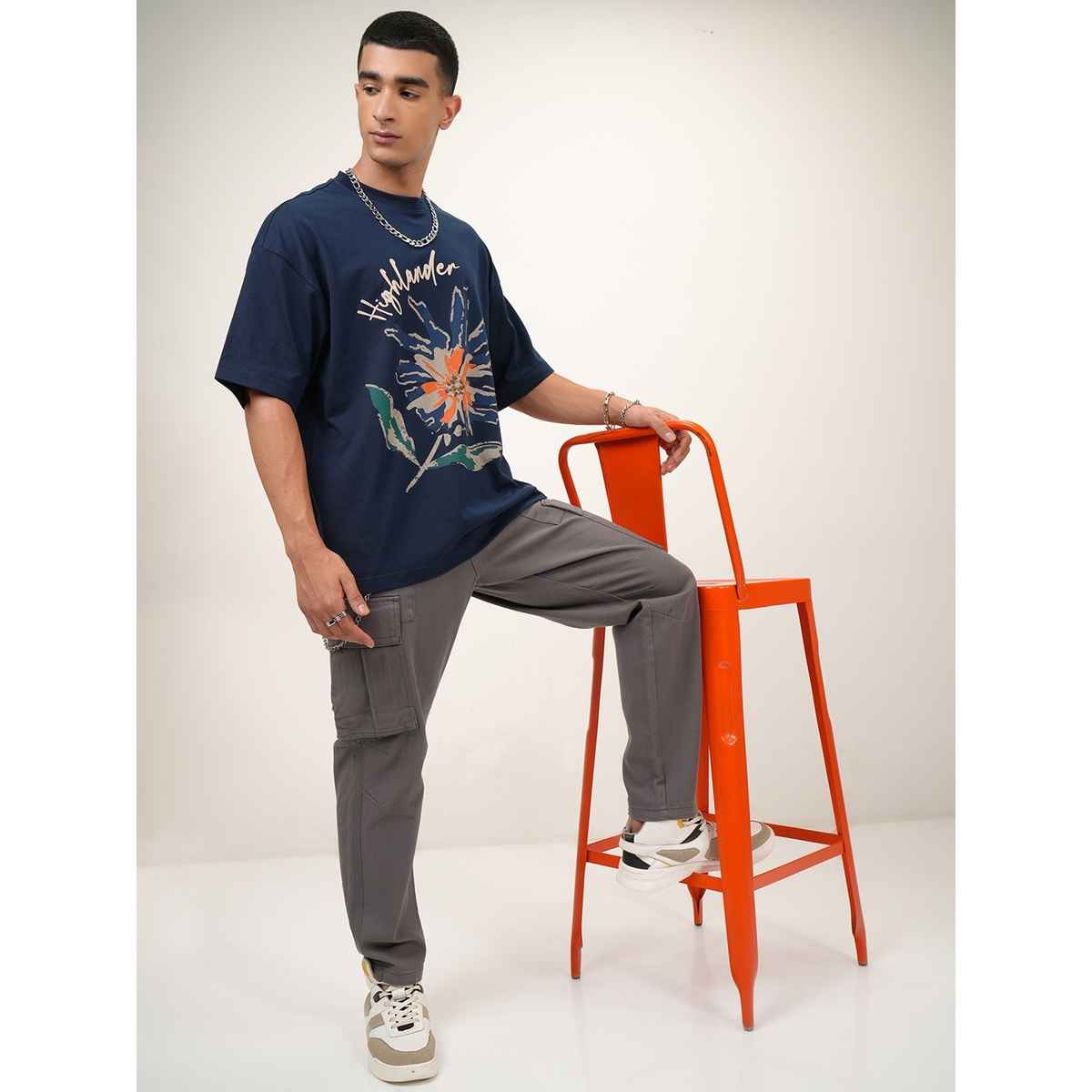 Highlander Men's Round Neck Half Sleeve Oversized T-shirt | Blue | S