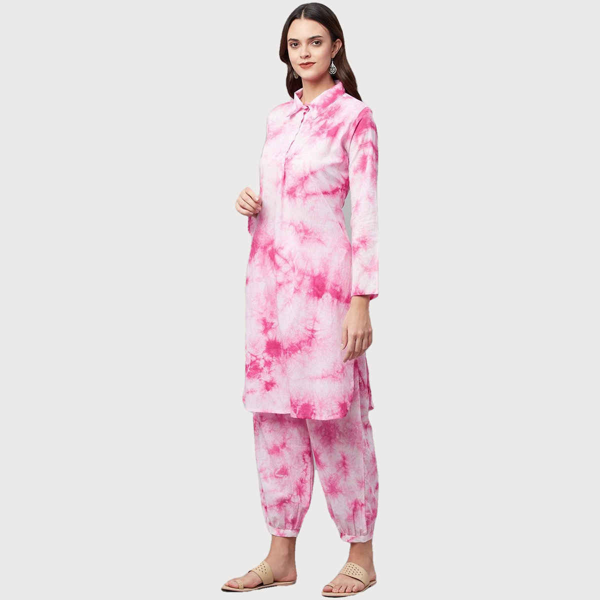 Divena Women s Pink Cotton Shirt Style Kurta Hem Cuffed Pant Set | DK0743 | L